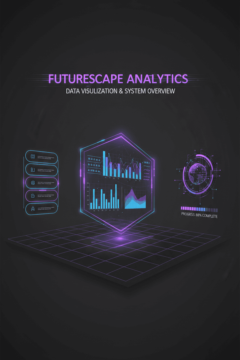 숯 배경에 빛나는 보라색과 파란색 네온 악센트가 있는 다크 모드 미래형 PPT 템플릿.