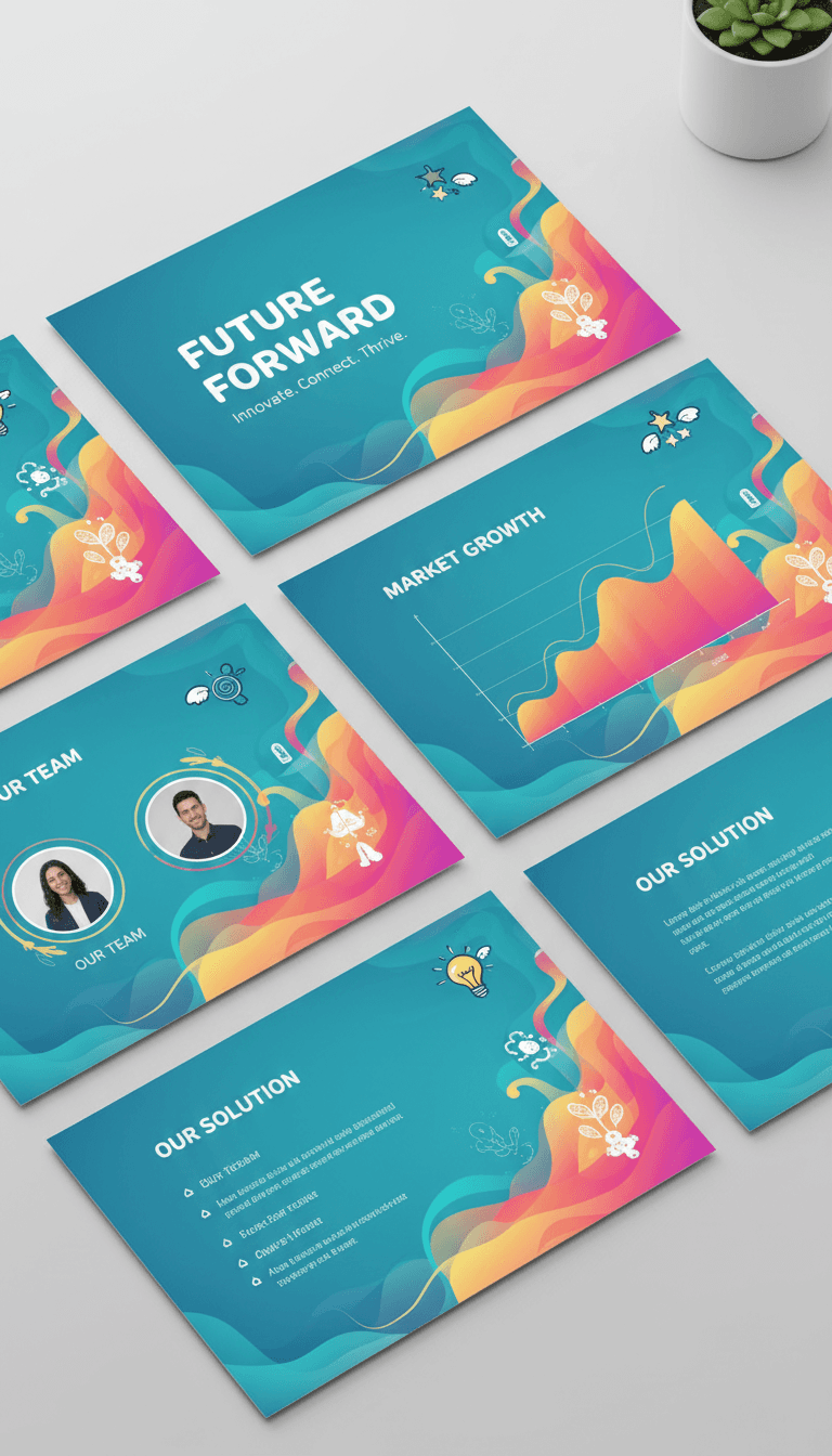 유기적인 선, 청록색과 산호색 그라데이션, 유쾌한 일러스트가 있는 생동감 넘치는 스타트업 피치 PPT 템플릿.