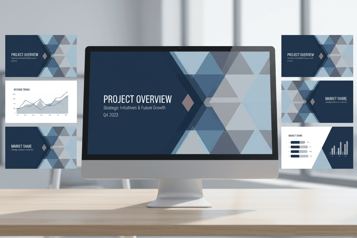 기하학적 디자인의 파란색과 회색 현대적인 비즈니스 PPT 템플릿이 디지털 화면에 표시됩니다.