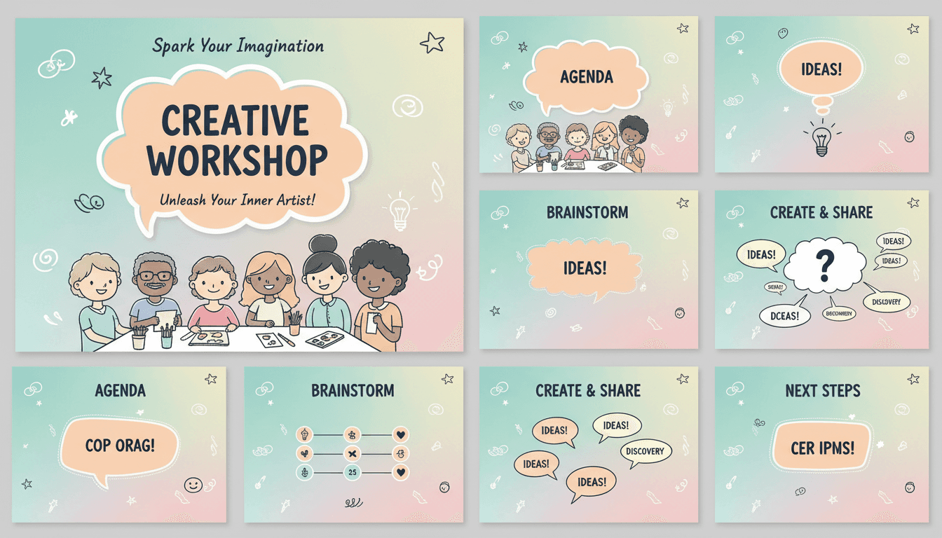 손으로 그린 낙서와 파스텔 색상을 특징으로 하는 캐주얼한 창작 워크숍 PPT 템플릿.