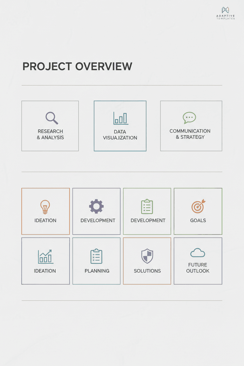 밝은 회색 배경과 유연한 그리드 기반 레이아웃이 있는 깨끗한 다목적 PPT 템플릿.