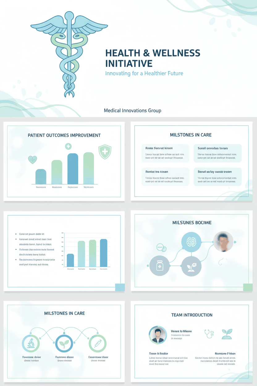건강 아이콘과 평온한 파란색 및 녹색 팔레트를 가진 깔끔한 의료 PPT 템플릿.