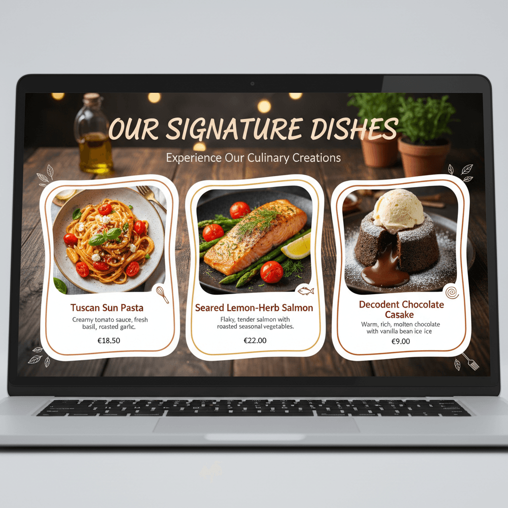 맛있는 음식 사진과 따뜻한 색상이 특징인 생생한 음식 PPT 템플릿.