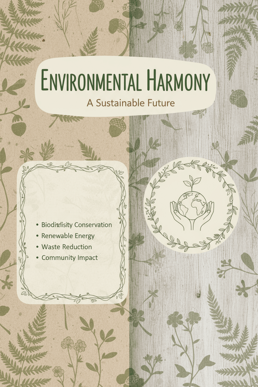 자연에서 영감을 받은 PPT 템플릿으로, 흙색 톤, 식물 일러스트레이션, 질감 있는 배경이 특징입니다.