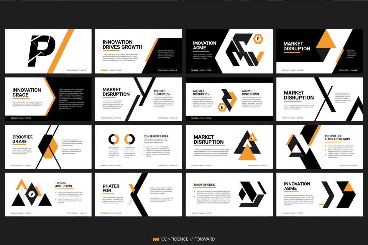 활기찬 주황색 악센트와 날카로운 선이 있는 흑백의 영향력 있는 피치 데크 PPT 템플릿.