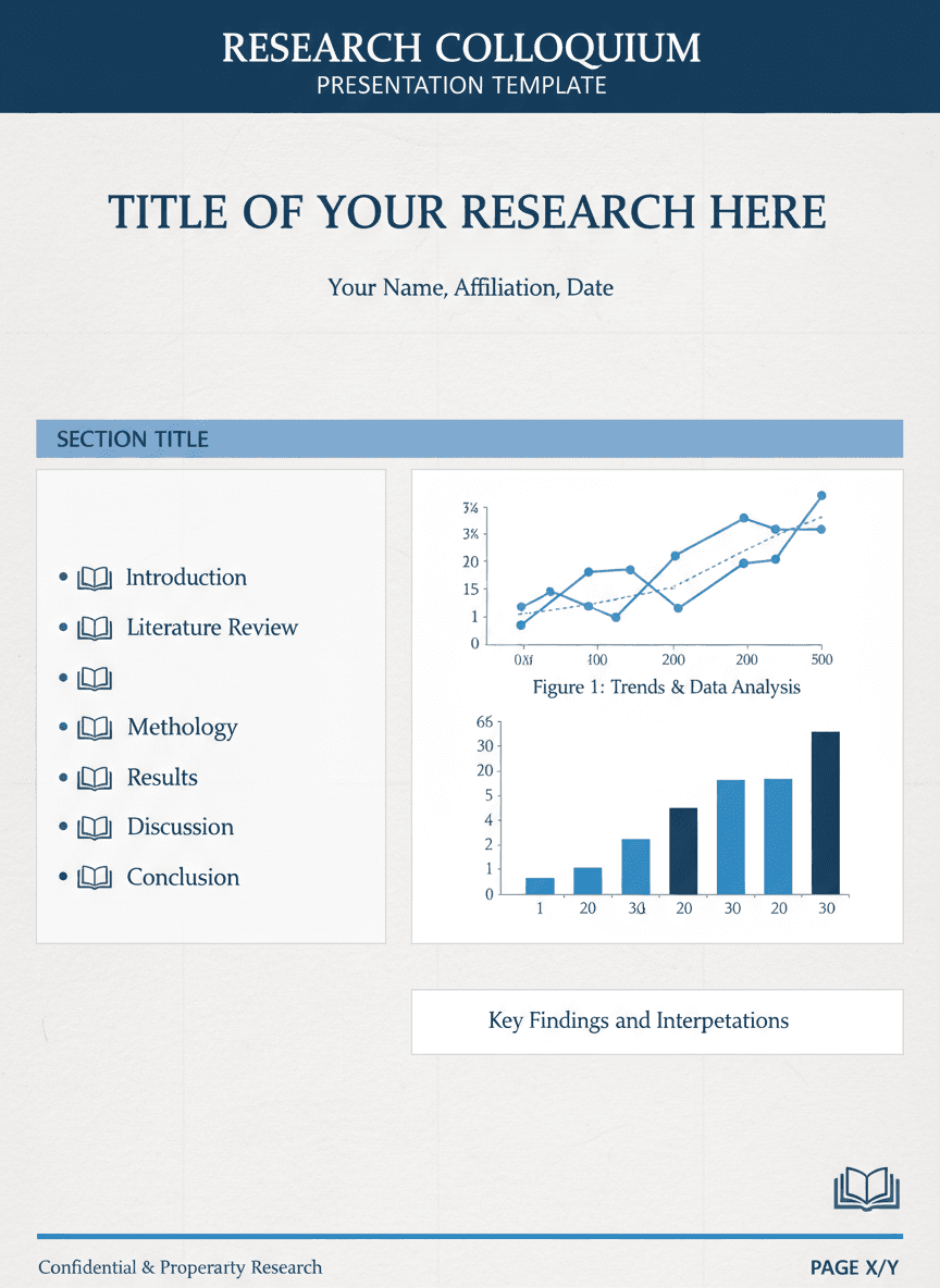 차트 및 그래프 자리 표시자가 있는 고전적인 파란색과 흰색 학술 연구 PPT 템플릿.