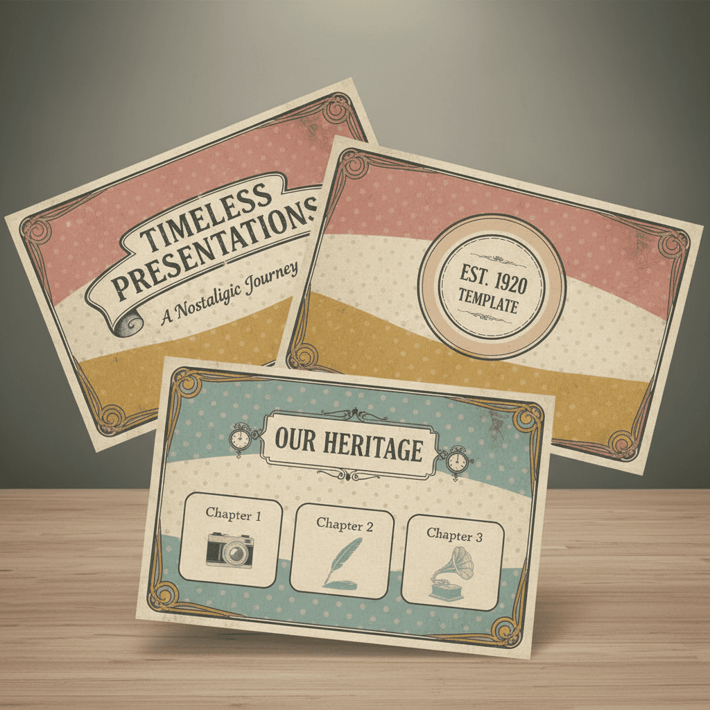 은은한 톤, 빈티지한 질감, 복고풍 패턴이 있는 빈티지풍 PPT 템플릿.