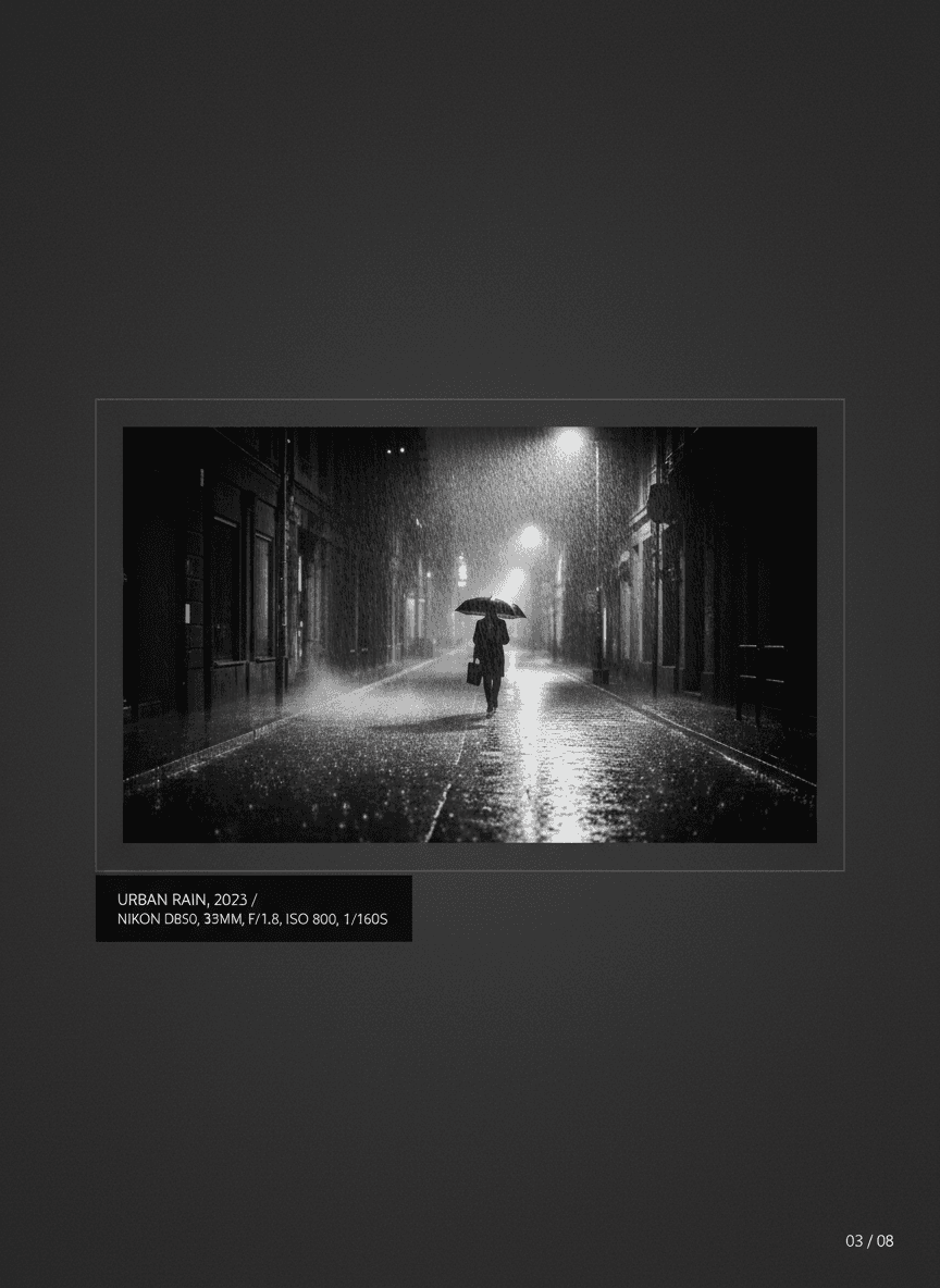 큰 이미지 프레임과 흑백 구성표가 특징인 미니멀한 사진 PPT 템플릿.