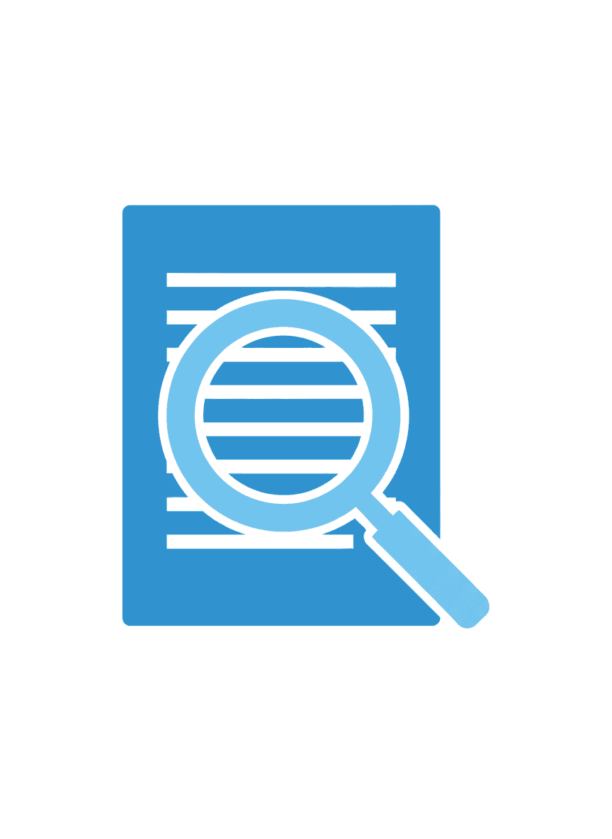 문서 위에 돋보기가 있는 파란색과 흰색의 픽토그램, 검색 또는 보고서를 상징.