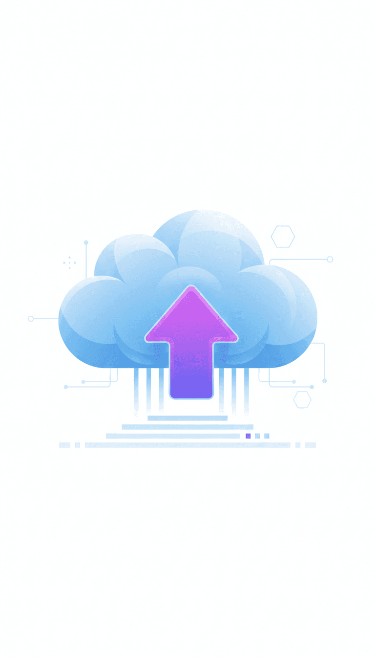 데이터 업로드를 상징하는 구름 안의 위쪽 화살표 픽토그램.