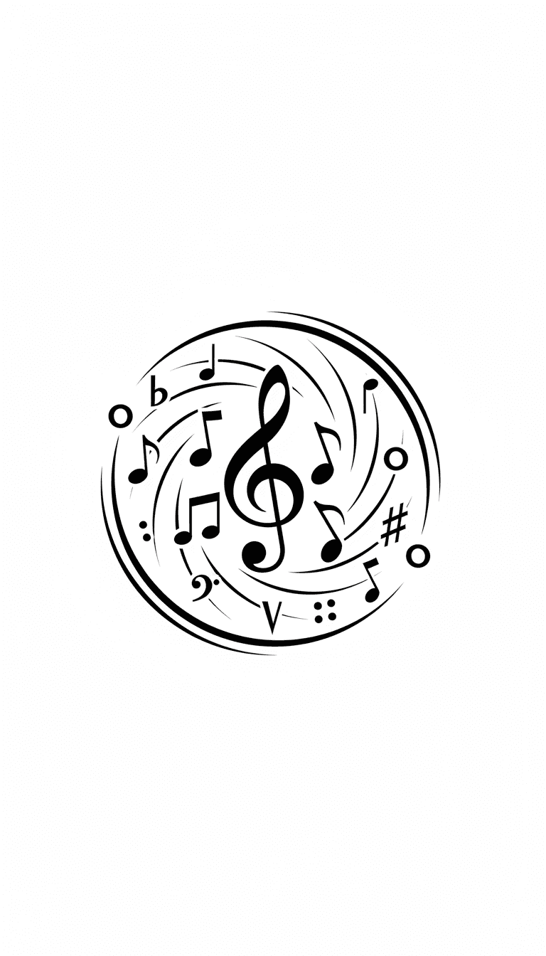 음악이나 엔터테인먼트를 상징하는 우아한 검은색 윤곽선의 음표 픽토그램.