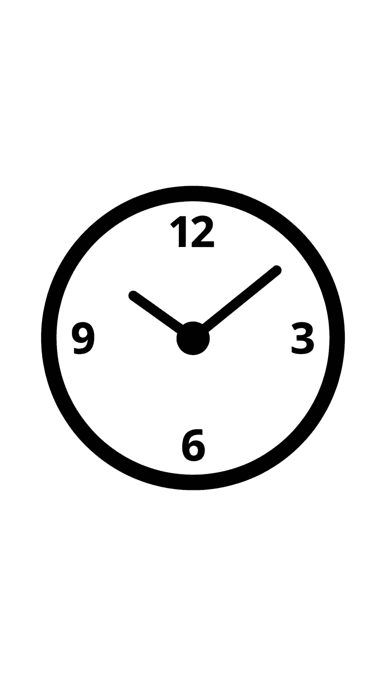 시간을 나타내는 미니멀리스트 흑백 아날로그 시계 픽토그램.