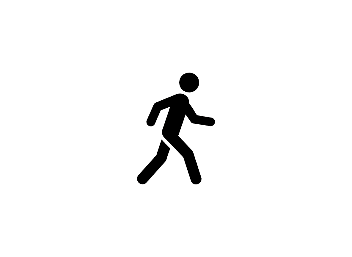 하얀 배경에 검은색으로 그려진 미니멀한 걷는 사람 픽토그램.