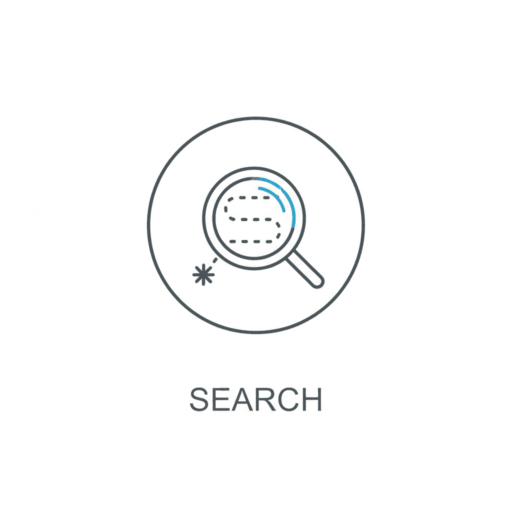 검색 또는 발견을 상징하는 미니멀한 돋보기 픽토그램.