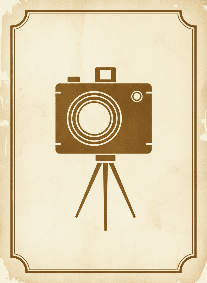 사진 촬영이나 고전 장비를 나타내는 빈티지 스타일의 카메라 픽토그램.