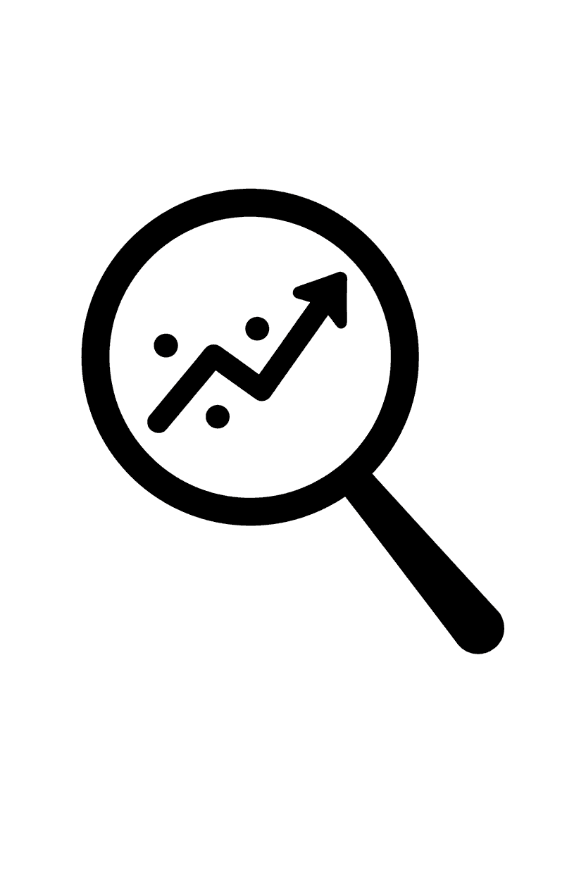 상승 추세선 그래프와 돋보기를 결합한 모노크롬 분석 픽토그램.