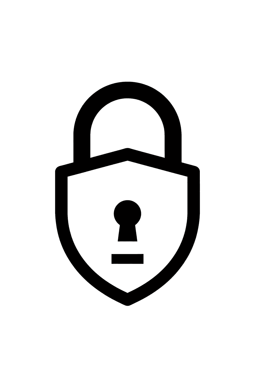 개인 정보 보호나 보안을 의미하는 흰색 배경에 검은색으로 그려진 잠금 장치 픽토그램.