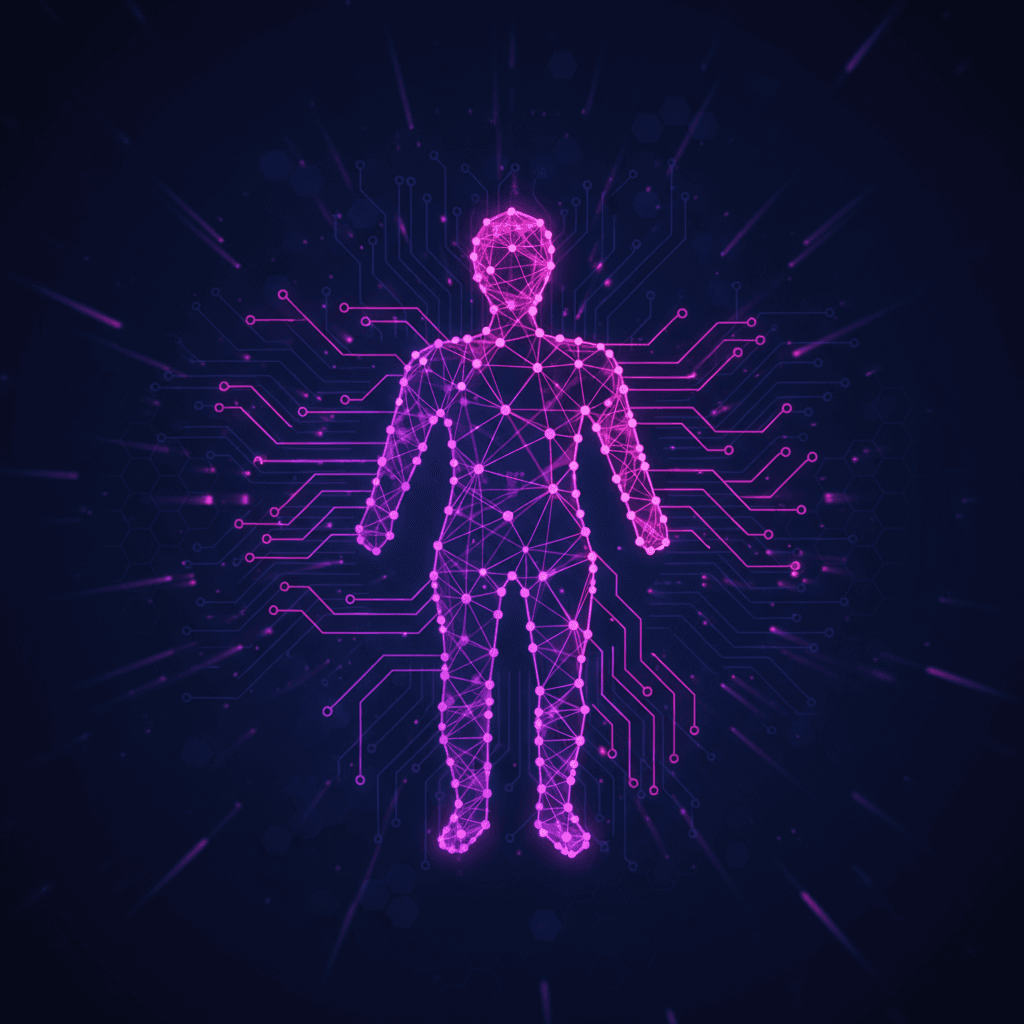 연결된 점과 선으로 이루어진 인간 관계 또는 네트워크를 나타내는 보라색-분홍색 그라디언트 픽토그램.