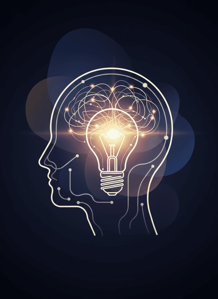 아이디어를 상징하는 추상적인 픽토그램, 머리 윤곽선 안에 빛나는 전구.