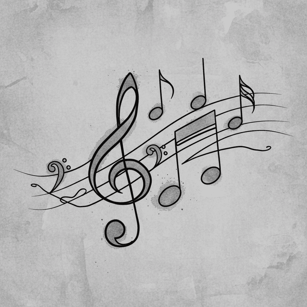 회색 질감 배경 위에 검은색으로 표현된 우아한 음표 픽토그램.