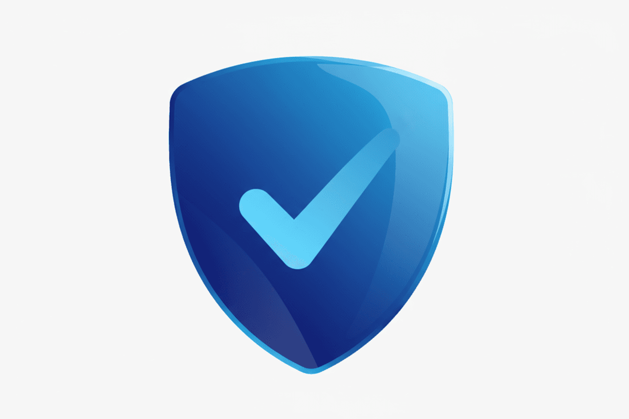 보안을 상징하는 파란색 그라디언트의 방패와 체크마크 픽토그램.