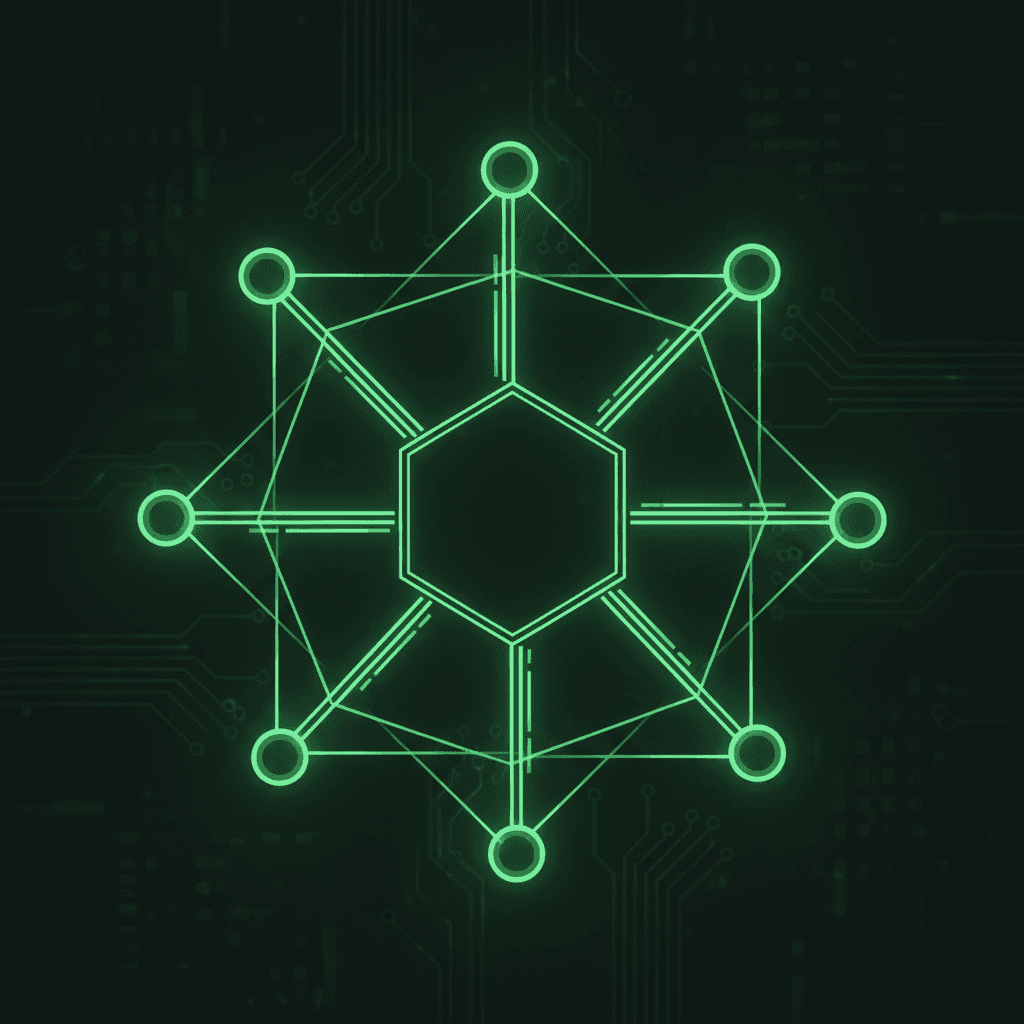상호 연결된 기하학적 노드를 보여주는 네트워크 픽토그램.