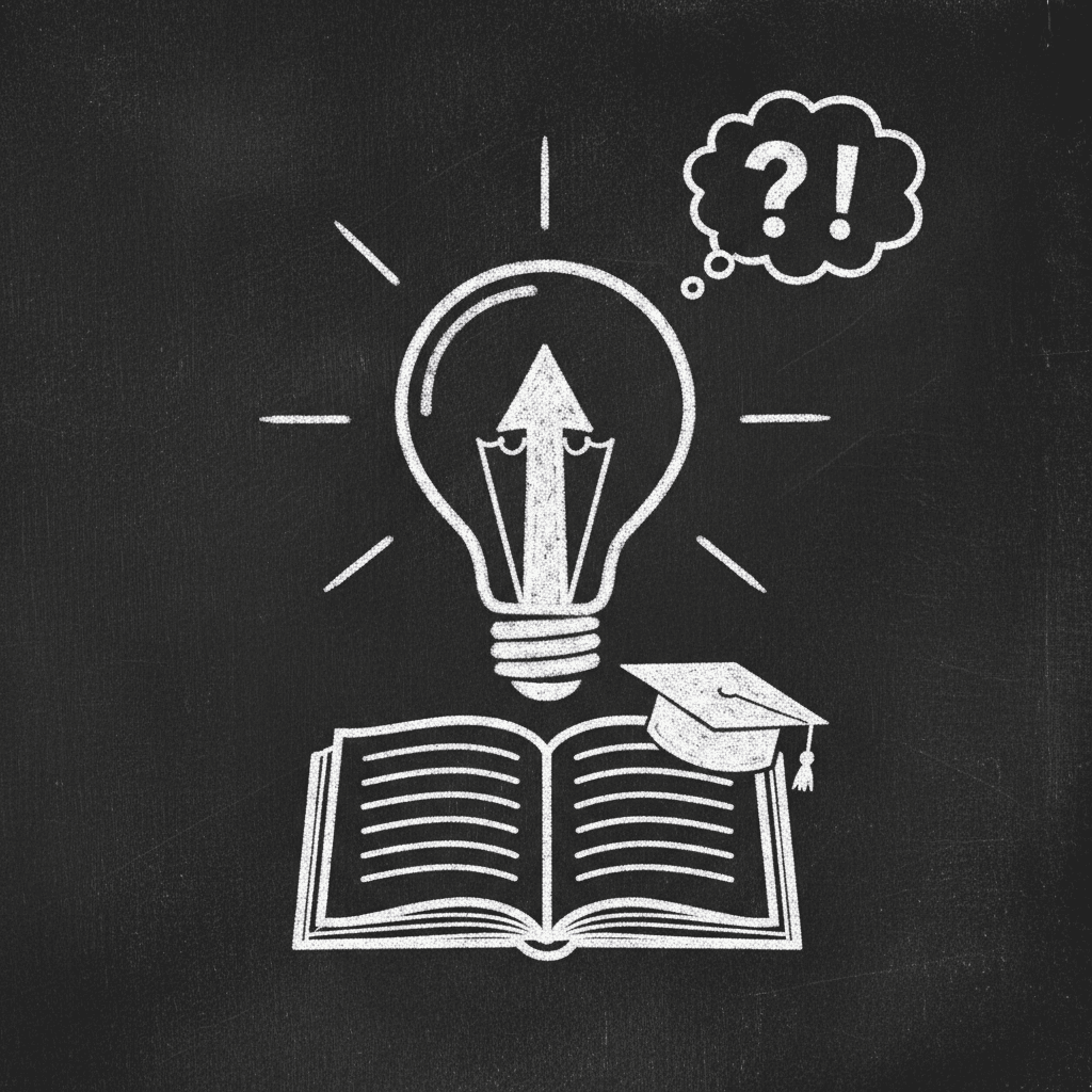 칠판 배경에 흰색 선으로 그려진 손으로 그린 듯한 전구 픽토그램.