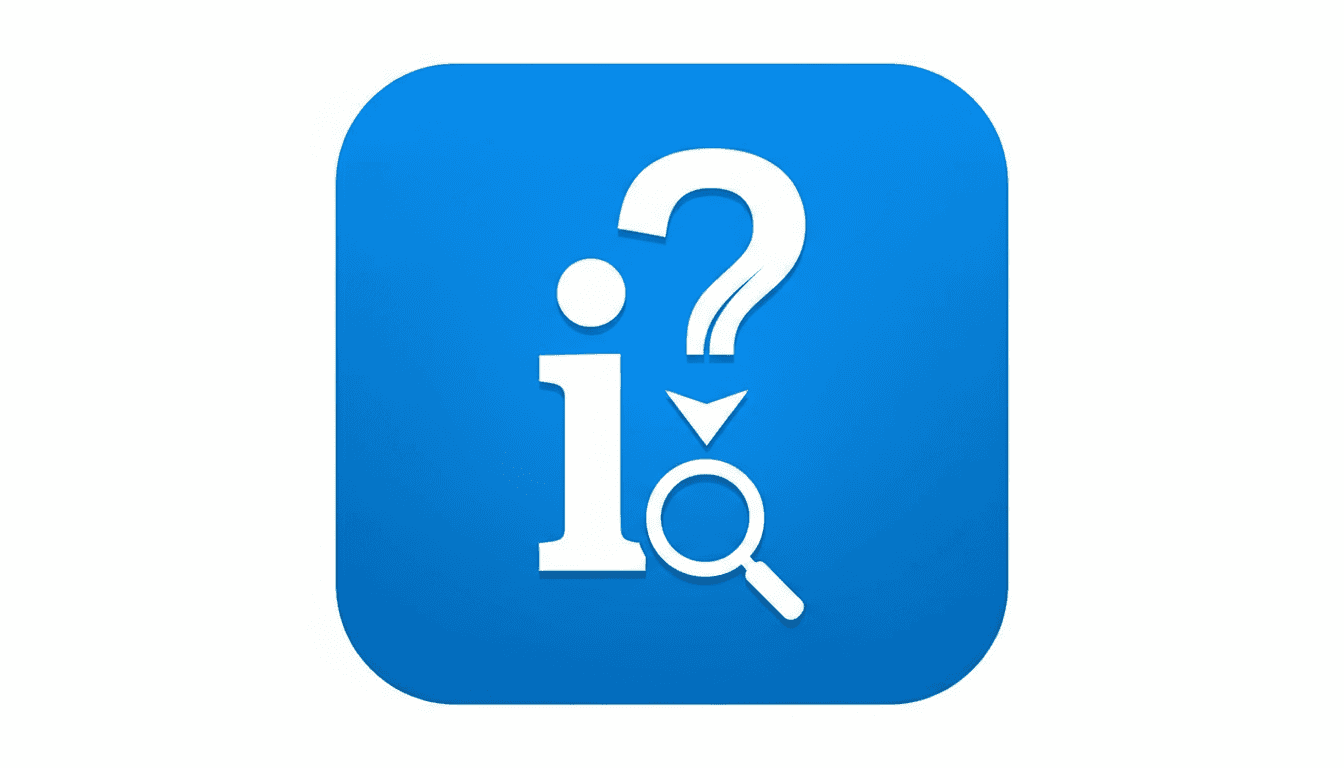 안내소를 나타내는 흰색 'i'와 물음표가 있는 범용 파란색 사각형 픽토그램.