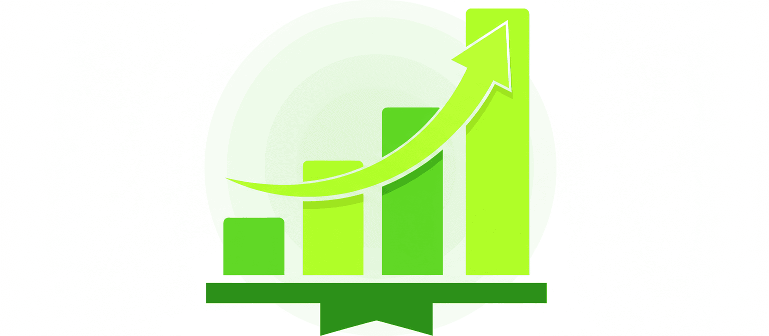 성장과 성공을 상징하는 위쪽으로 향하는 막대 그래프의 생생한 녹색 픽토그램.