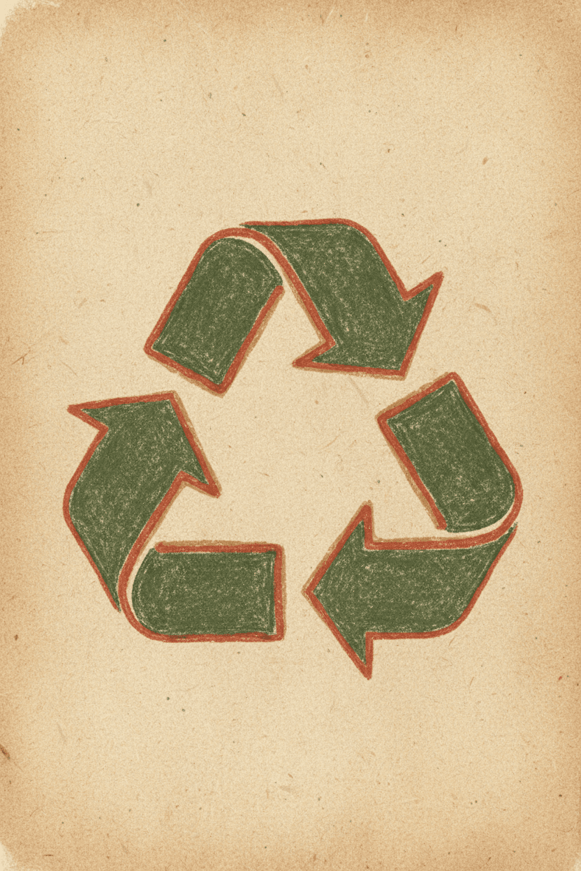 손으로 그린 듯한 질감의 재활용 기호 픽토그램, 자연적인 색감.