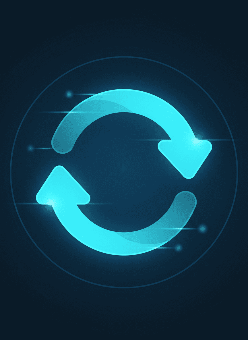 새로고침 또는 동기화를 상징하는 생생한 청록색의 두 개의 원형 화살표 픽토그램.