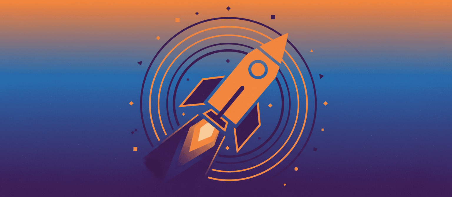 생생한 주황색과 보라색의 복고풍 미래주의 로켓 발사 픽토그램.