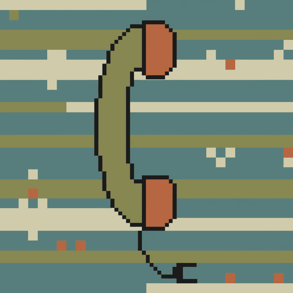 옛날 전화 수화기를 표현한 레트로 8비트 픽셀 아트 픽토그램.