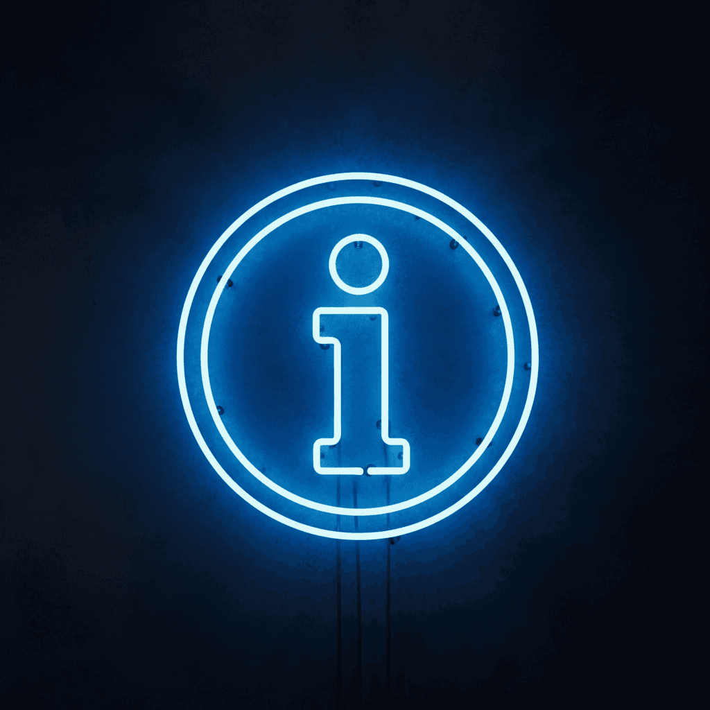 정보 표시용으로 원 안에 'i'가 있는 전기 블루 네온 효과 픽토그램.
