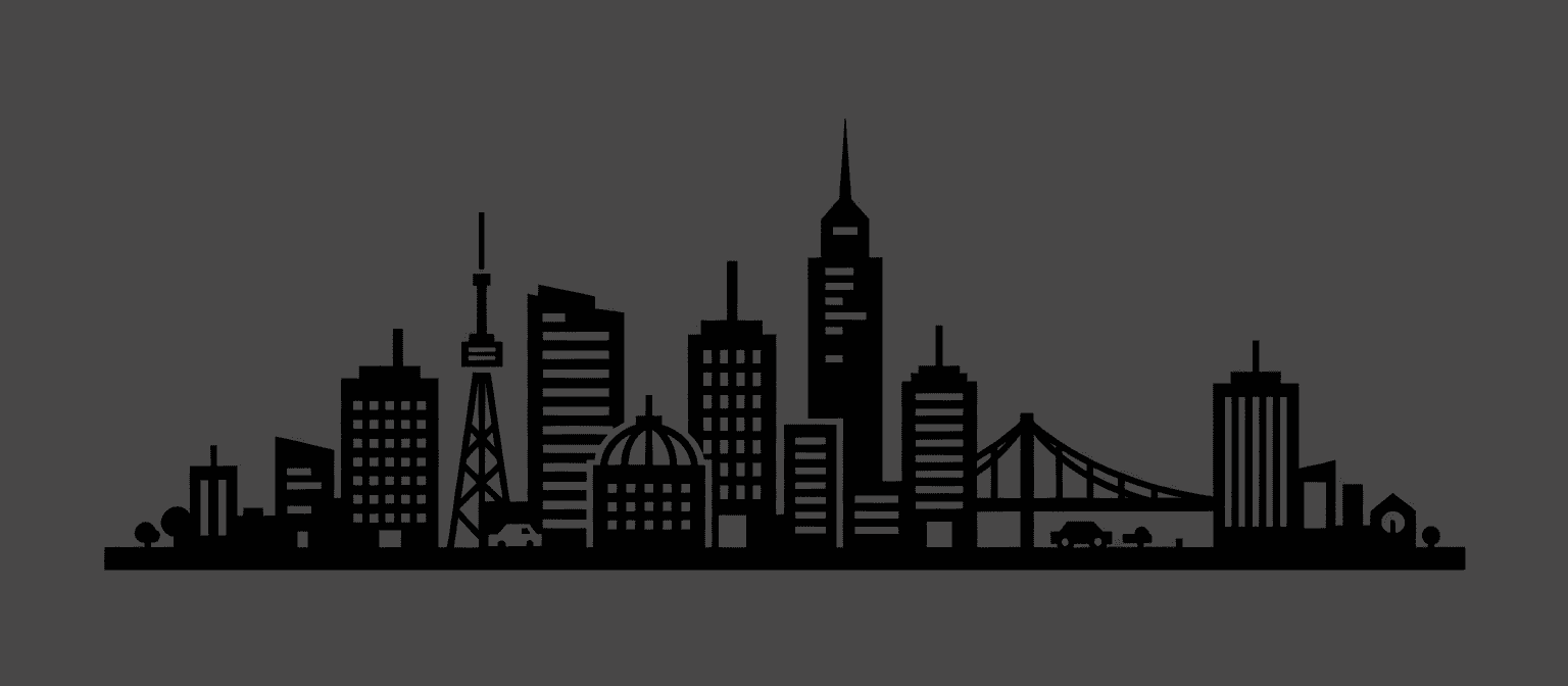 어두운 회색 배경에 검은색으로 표현된 도시 경관 실루엣 모노크롬 픽토그램.