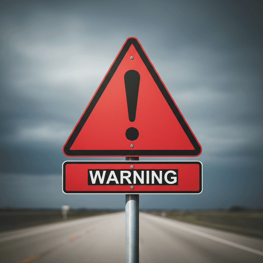 삼각형 안에 굵은 느낌표가 있는 선명한 빨간색 경고 픽토그램.