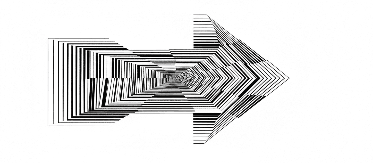 여러 선들이 숨겨진 화살표를 형성하며 깊이와 신비감을 주는 착시 현상.