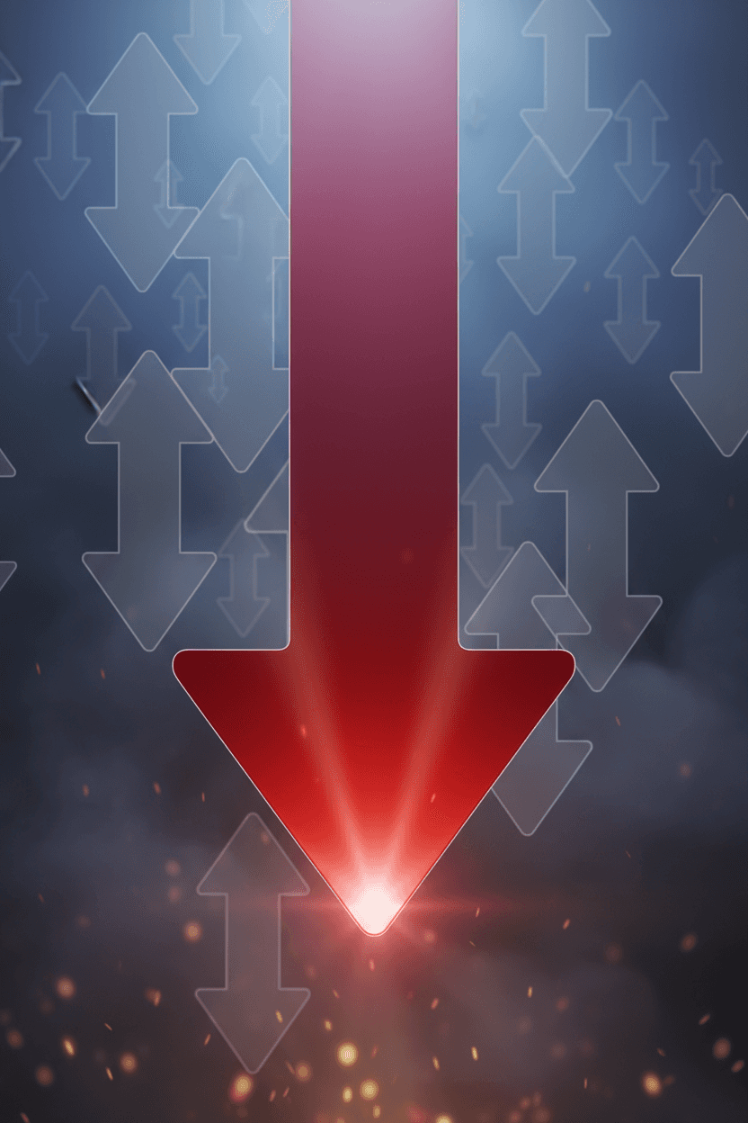 위쪽을 가리키는 희미한 회색 화살표들과 대조적으로 아래쪽을 똑바로 가리키는 선명한 빨간색 화살표.