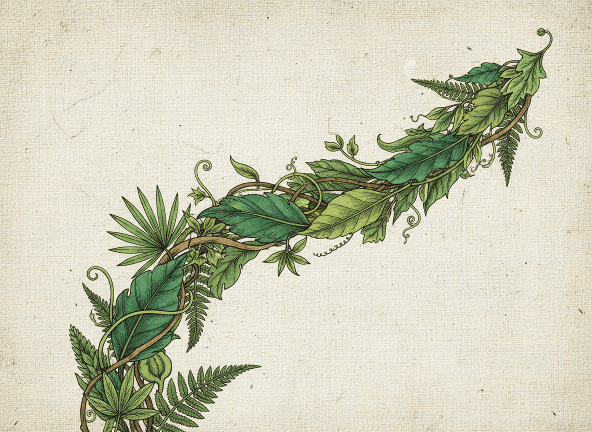 질감 있는 캔버스 위에 녹색 잎과 덩굴로 이루어진 화살표.