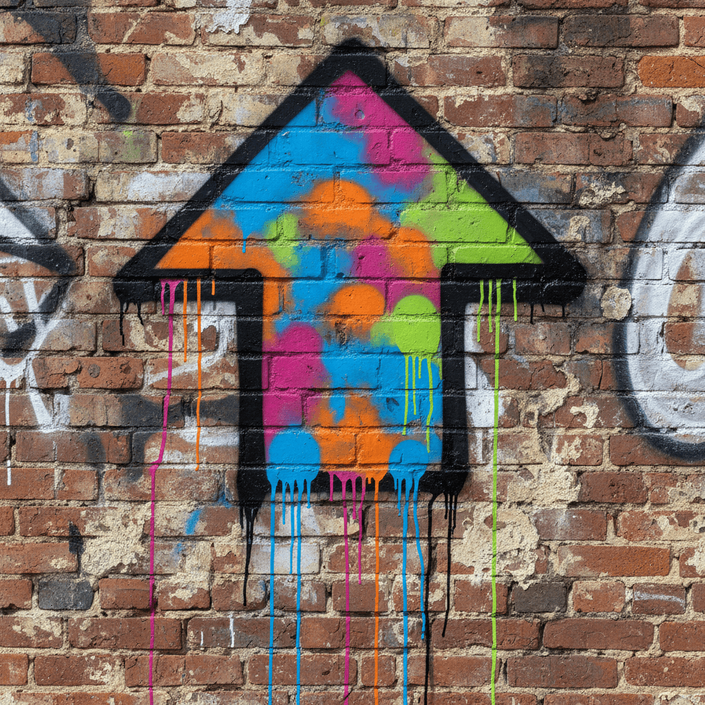 풍화된 벽돌 벽에 대담한 윤곽선과 물방울 효과가 있는 생생한 스프레이 페인트 화살표 그래피티.