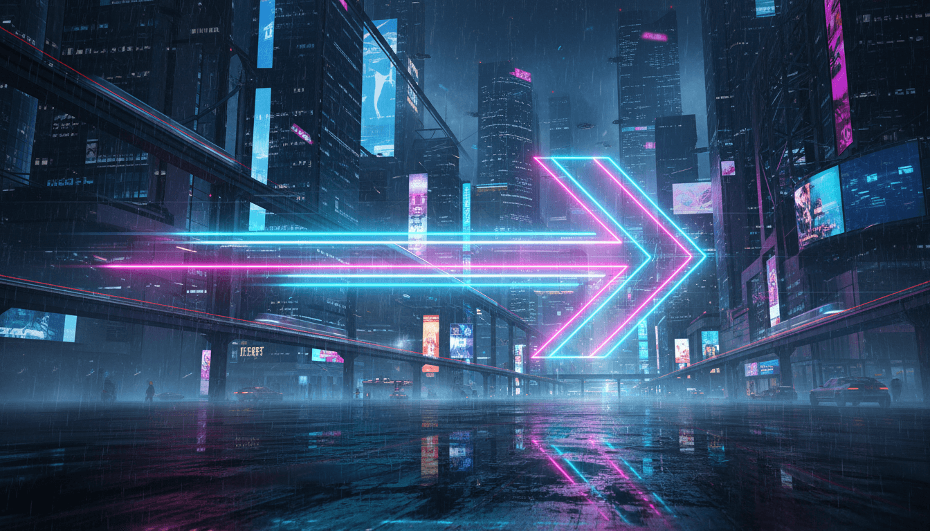 어둡고 미래적인 도시를 배경으로 오른쪽을 가리키는 날렵한 네온 화살표. 생생한 청록색과 마젠타 색상으로 대비가 뚜렷하며 사이버펑크 스타일.