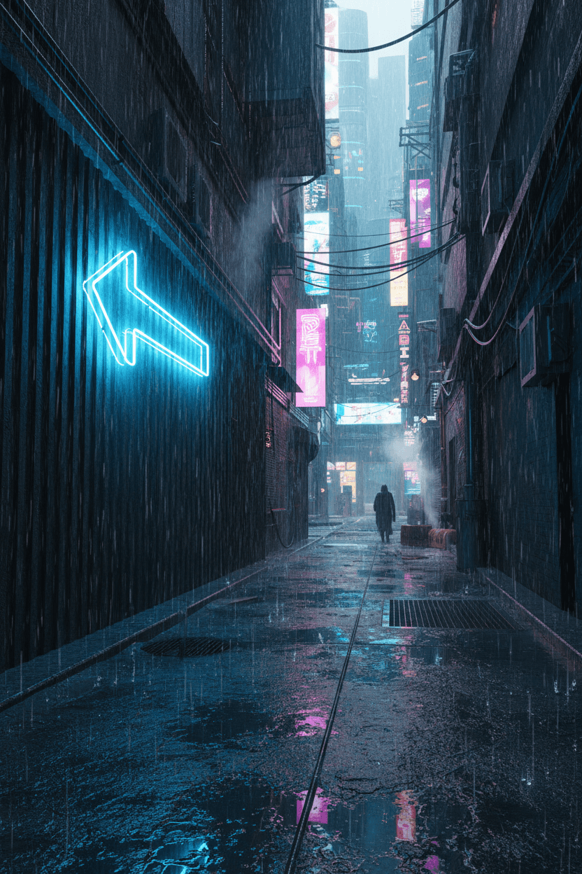 어둡고 비오는 사이버펑크 골목에서 빛나는 네온 파란색 화살표 간판.