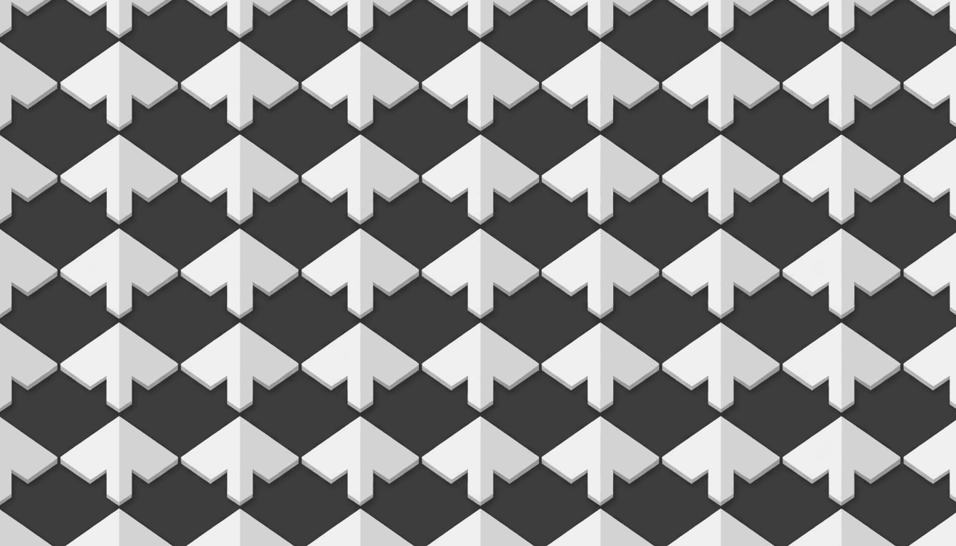 어두운 회색 배경에 흰색 화살표가 반복되는 매끄러운 입체 패턴.
