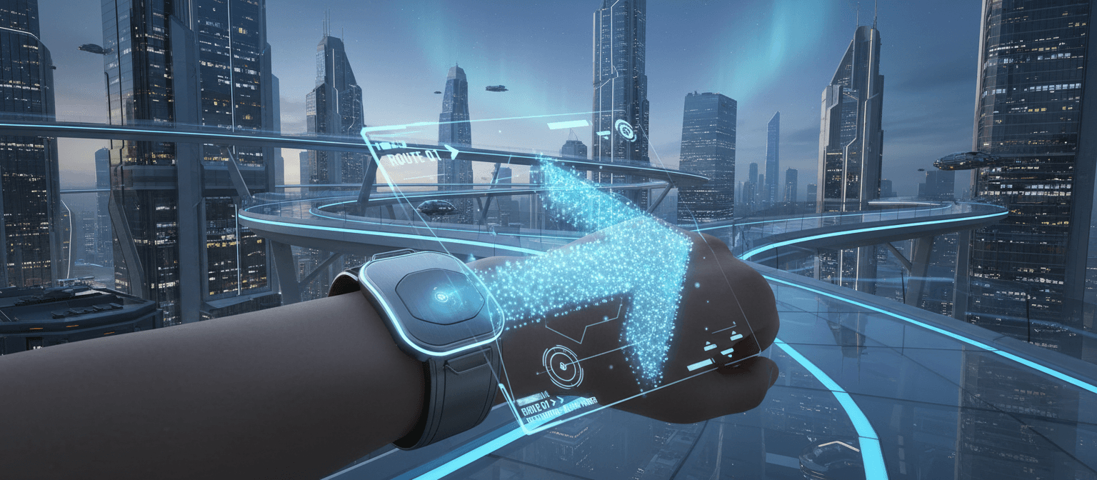 미래 도시 풍경에서 손목 장치에서 투사되는 반짝이는 파란색 홀로그램 화살표.