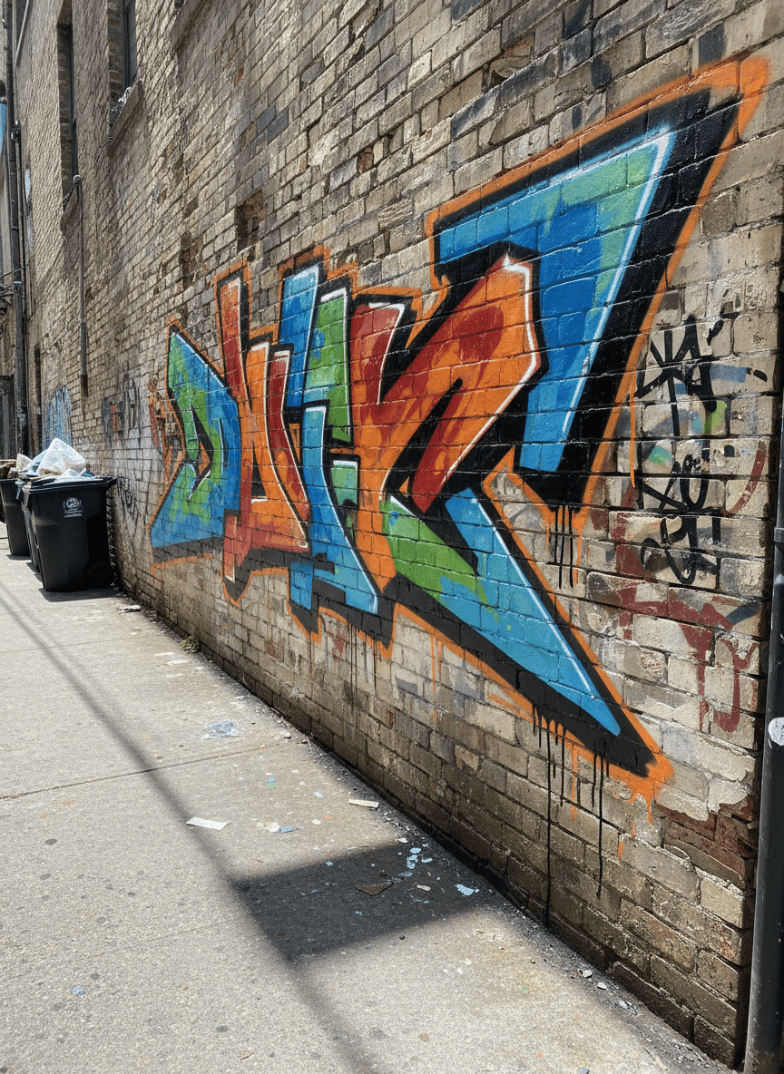 낡은 벽돌 위에 겹쳐진 생동감 있고 공격적인 그래피티 스타일 화살표가 골목길에 있다. 굵은 윤곽선, 물감 흐름, 도시 거리 예술 미학. 강한 그림자.