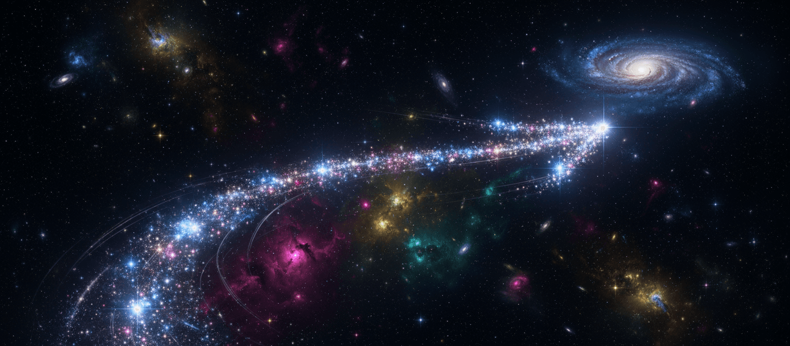 은하계를 가로지르는 길을 표시하는 반짝이는 작은 별들로 이루어진 화살표.