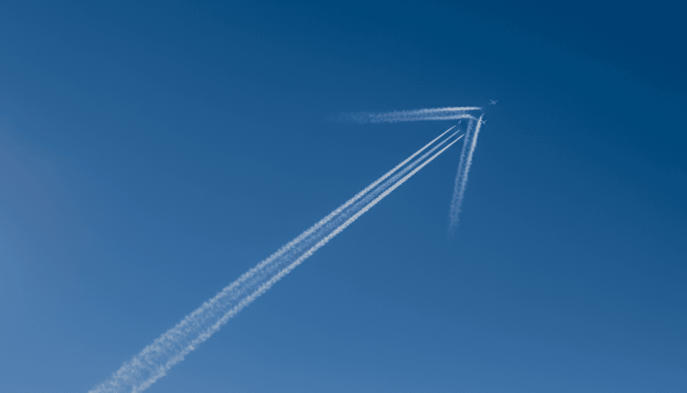 맑고 푸른 하늘 높이 비행기 구름으로 형성된 미묘하고 거의 보이지 않는 화살표. 덧없고 영적인 느낌의 항공 사진.