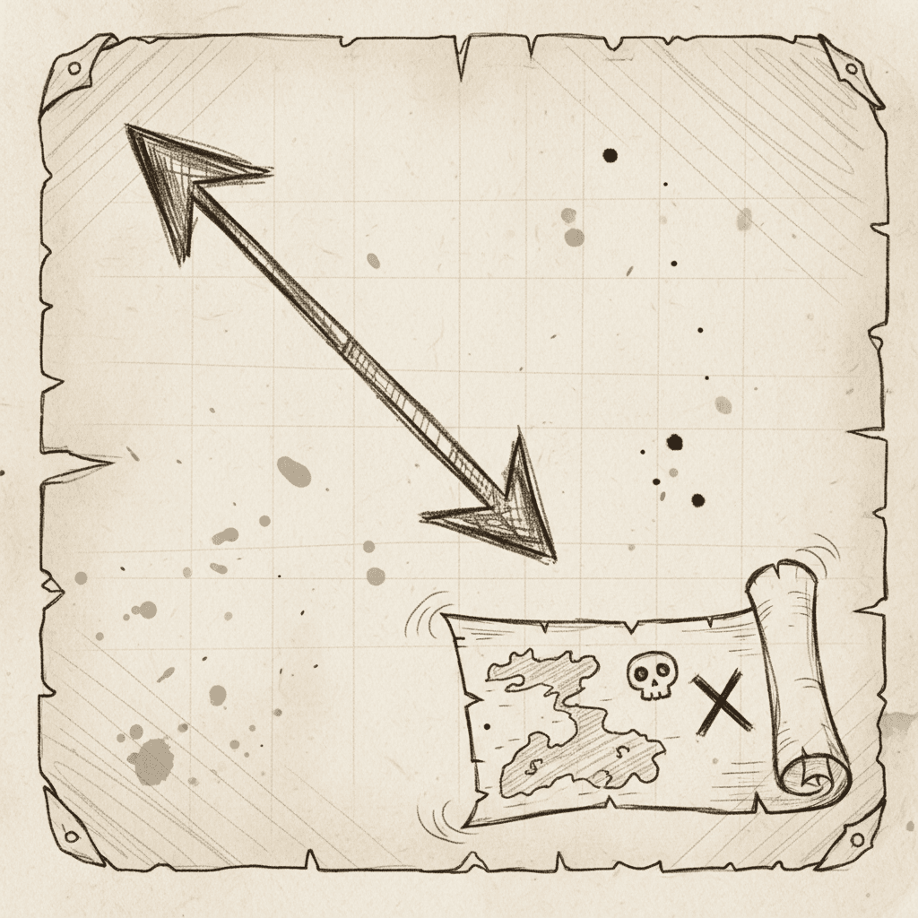 세피아색 양피지에 보물 지도를 가리키는 손으로 그린 엉뚱한 화살표.