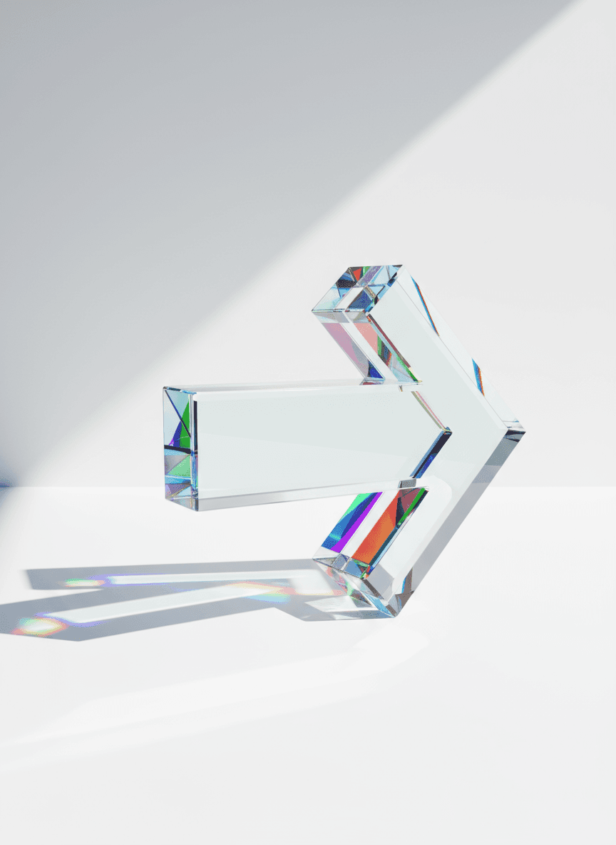 투명한 유리 패널로 구성된 추상적인 기하학적 화살표가 빛을 굴절시키고 깨끗한 흰색 바닥에 다채로운 그림자를 드리우고 있다. 깔끔하고 미니멀한 미학.
