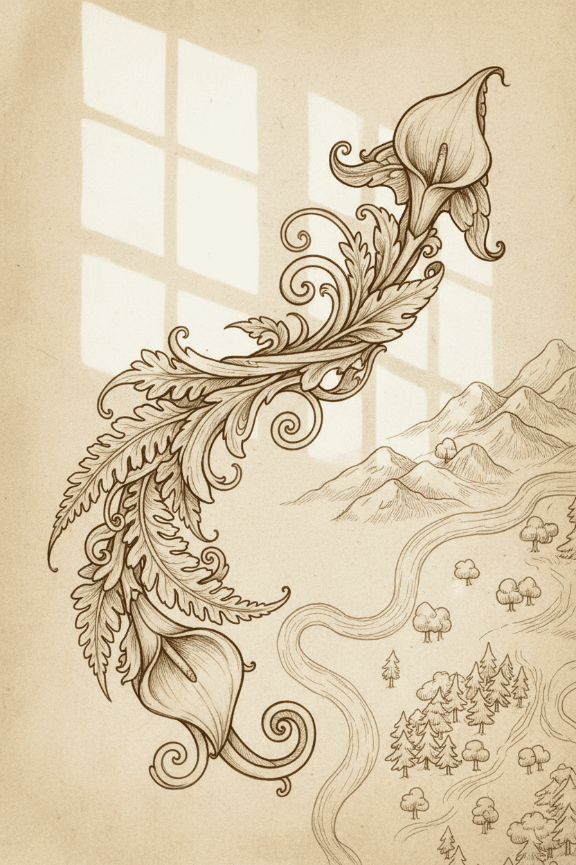 손으로 그린 세피아 톤 스케치에서 나뭇잎과 덩굴로 이루어진 기발한 화살표가 자연 테마 지도 위에서 위쪽 길을 미묘하게 가리킨다.